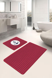 Bordo Zemin Lacivert Dalga Detaylı Özel Tasarım 2li Halı Takımı Kaymaz Taban Yıkanabilir Bonvagon