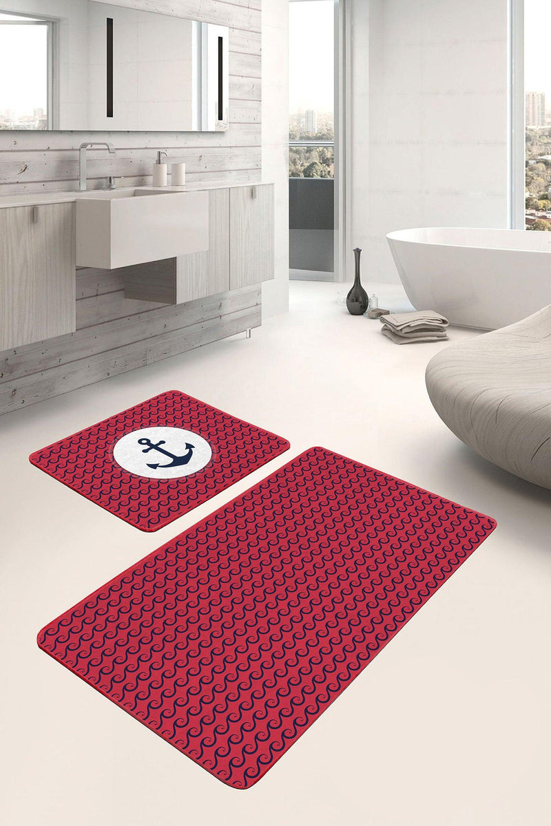 Bordo Zemin Lacivert Dalga Detaylı Özel Tasarım 2li Halı Takımı Kaymaz Taban Yıkanabilir Bonvagon