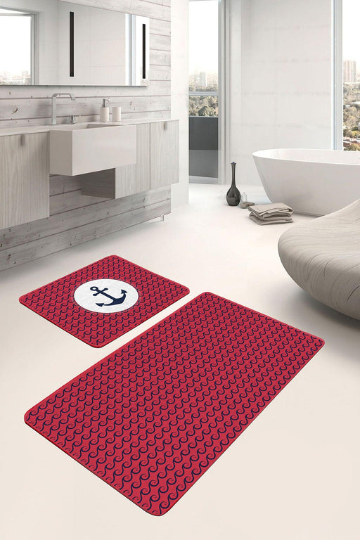 Bordo Zemin Lacivert Dalga Detaylı Özel Tasarım 2li Halı Takımı Kaymaz Taban Yıkanabilir Bonvagon