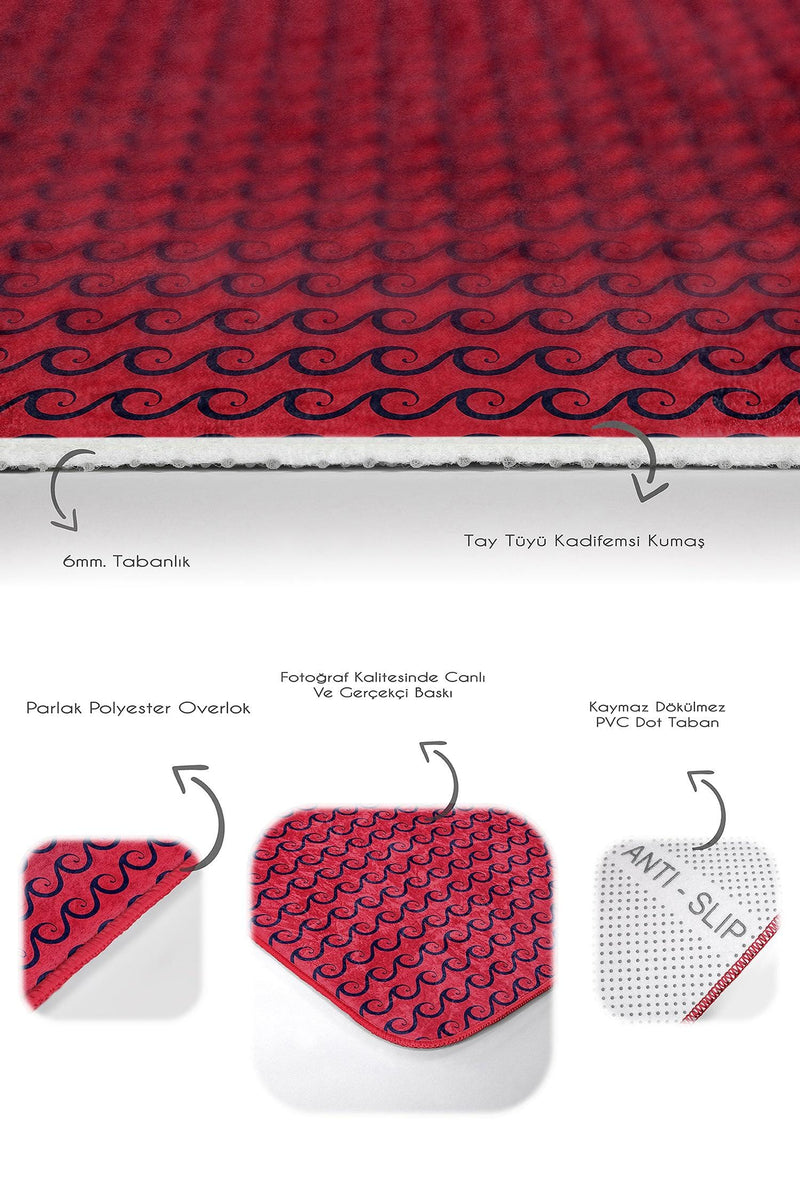 Bordo Zemin Lacivert Dalga Detaylı Özel Tasarım 2li Halı Takımı Kaymaz Taban Yıkanabilir Bonvagon