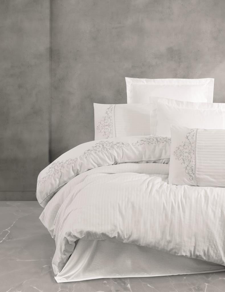 Brode Nakışlı Çift Kişilik Saten Nevresim Takımı Genny Beyaz Bonvagon