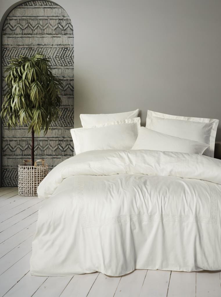 Brode Nakışlı çift Kişilik Saten Nevresim Takımı Luxe Ekru 4 Adet Yastık Bonvagon