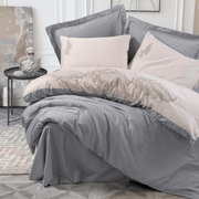 Brode Nakışlı Çift Kişilik Saten Nevresim Takımı Sheen Gri 83 Tel %100 Pamuk 4 Adet Yastık Kılıfı Bonvagon