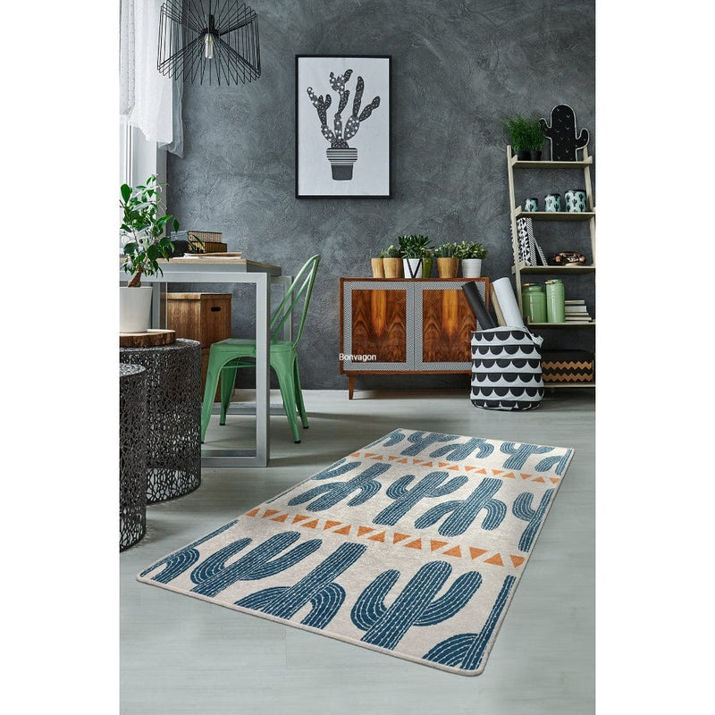 Cactus Time Dijital Baskılı Halı, Kaymaz Taban, Yıkanabilir Bonvagon