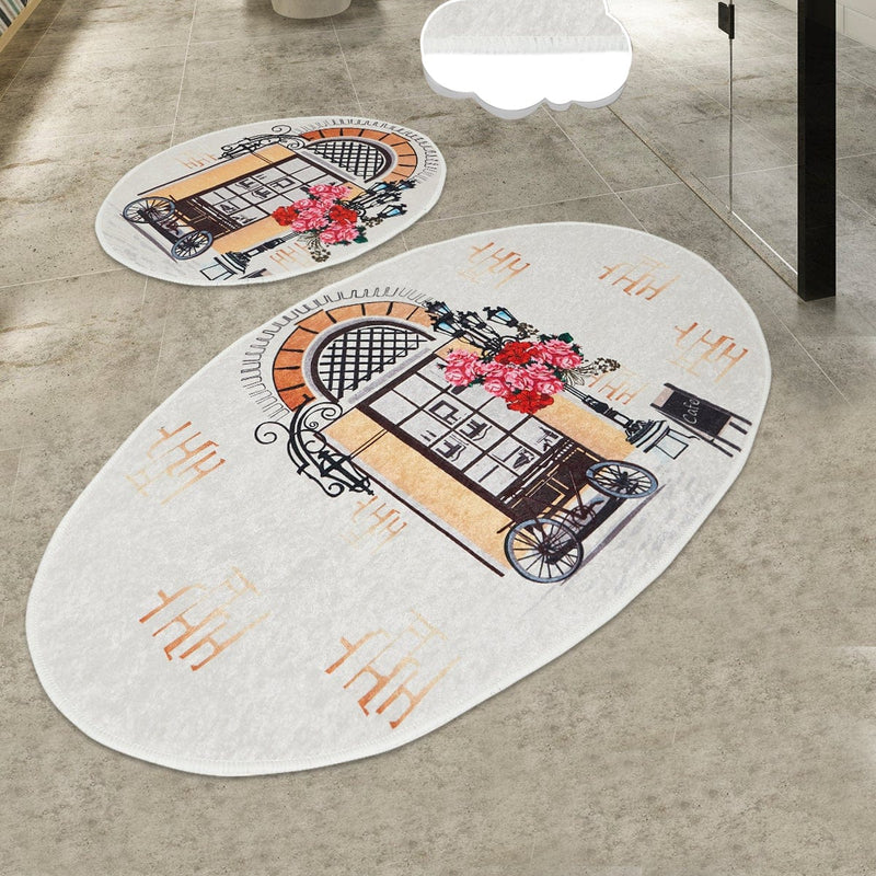 Cafe Dijital Baskılı 2li Set Banyo Halısı, Kaymaz Taban, Yıkanabilir Bonvagon