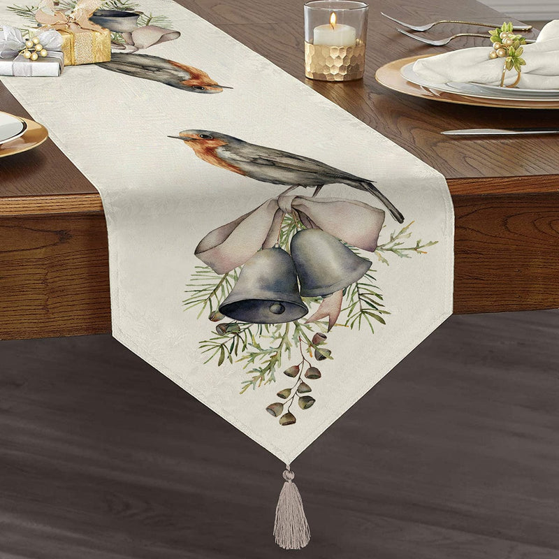 Çan & Kuş Motifli Dijital Baskılı Modern Püsküllü Şönil Üçgen Runner Bonvagon