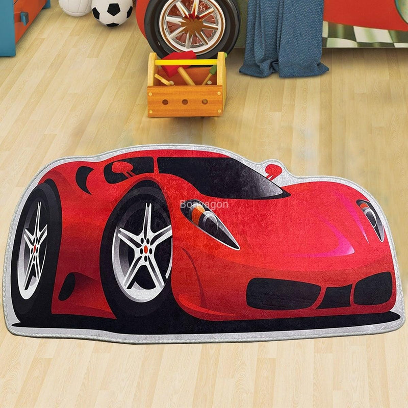 Carcar Kırmızı Spor Araba Dijital Baskılı Çocuk Halısı, Kaymaz Taban, Yıkanabilir Bonvagon