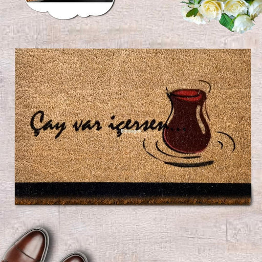 Çay Var İçersen Doğal Koko Hindistan Cevizi Kapı Önü Paspas 60x40cm
