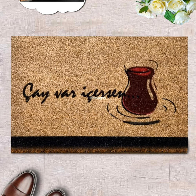 Çay Var İçersen Doğal Koko Hindistan Cevizi Kapı Önü Paspas 60x40cm Bonvagon