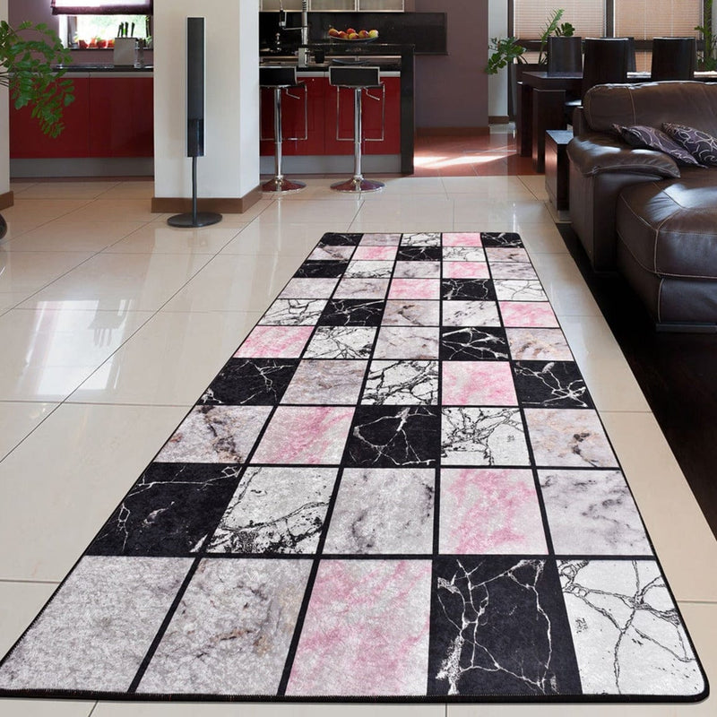 Checkers Dijital Baskılı Yolluk Dekoratif Halı, Kaymaz Taban, Yıkanabilir Bonvagon