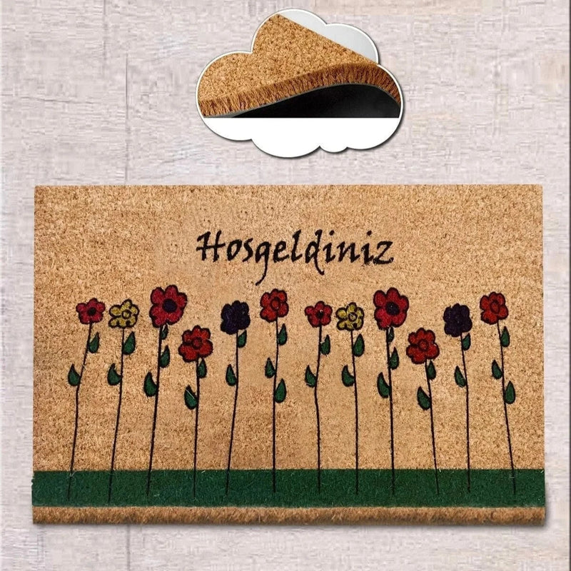 Çiçekler Doğal Koko Hindistan Cevizi Kapı Önü Paspas 60x40cm Bonvagon