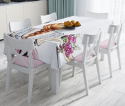 Çiçekli Kız Çizimli Modern Dekoratif Leke Tutmaz Masa Örtüsü Bonvagon