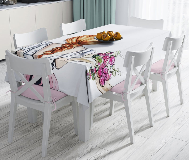 Çiçekli Kız Çizimli Modern Dekoratif Leke Tutmaz Masa Örtüsü Bonvagon