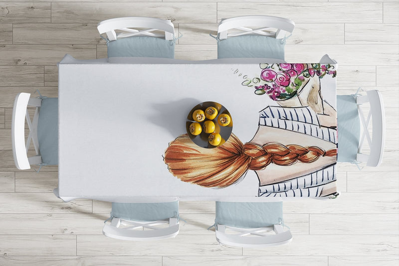 Çiçekli Kız Çizimli Modern Dekoratif Leke Tutmaz Masa Örtüsü Bonvagon