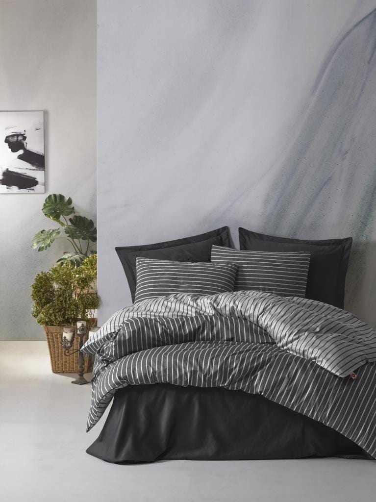 Çift Kişilik Bambu Saten Nevresim Takımı Antrasit 4 Adet Yastık Kılıfı %60 Pamuk %40 Bambu