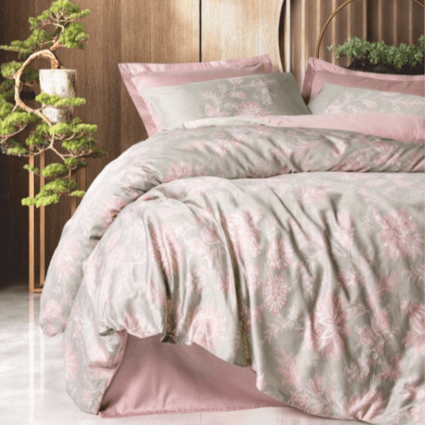 Çift Kişilik Baskılı Saten Nevresim Takımı Betula Pudra 83 Tel %100 Pamuk 4 Adet Yastık Kılıfı
