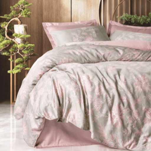 Çift Kişilik Baskılı Saten Nevresim Takımı Betula Pudra 83 Tel %100 Pamuk 4 Adet Yastık Kılıfı