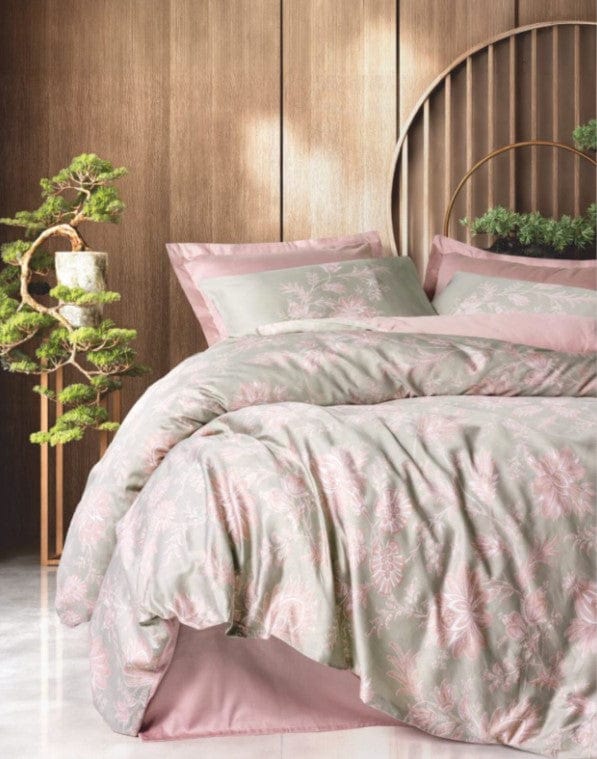 Çift Kişilik Baskılı Saten Nevresim Takımı Betula Pudra 83 Tel %100 Pamuk 4 Adet Yastık Kılıfı
