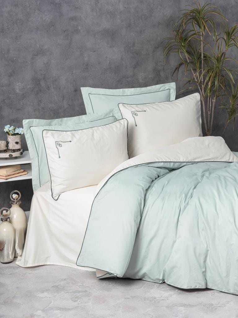 Çift Kişilik Elit Saten Nevresim Takımı Vanko Mint 120Tel 4 Adet Yastık Kılıfı Bonvagon