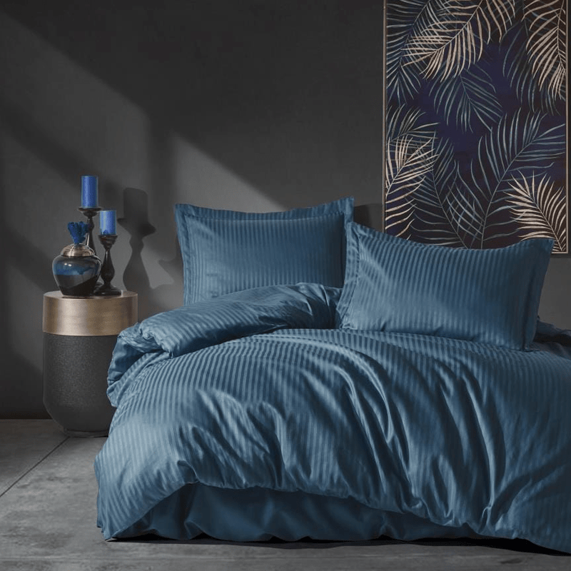 Çift Kişilik Saten Nevresim Takımı Elegant Stripe Mavi 83 Tel %100 Pamuk Bonvagon