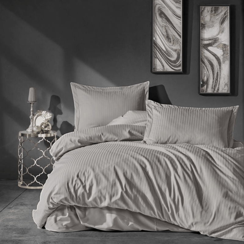 Çift Kişilik Saten Nevresim Takımı Elegante Stripe Bej 83 Tel %100 Pamuk Bonvagon