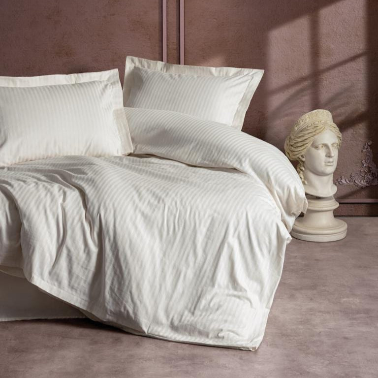 Çift Kişilik Saten Nevresim Takımı Elegante Stripe Ekru 83 Tel %100 Pamuk Bonvagon
