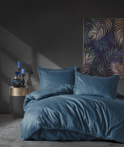 Çift Kişilik Saten Nevresim Takımı Elegante Stripe Mavi 83 Tel %100 Pamuk Bonvagon