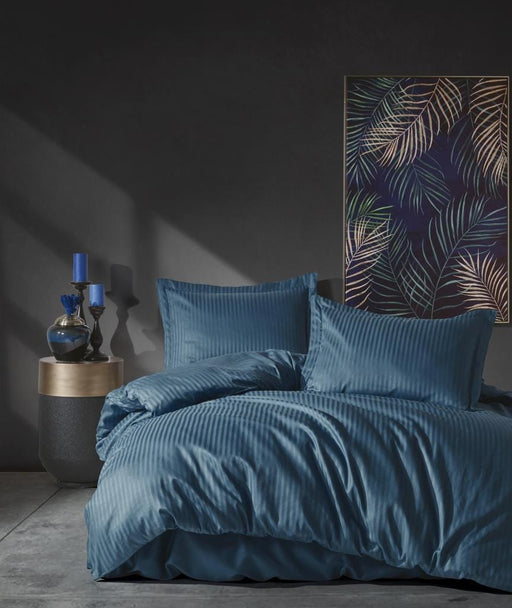 Çift Kişilik Saten Nevresim Takımı Elegante Stripe Mavi 83 Tel %100 Pamuk Bonvagon