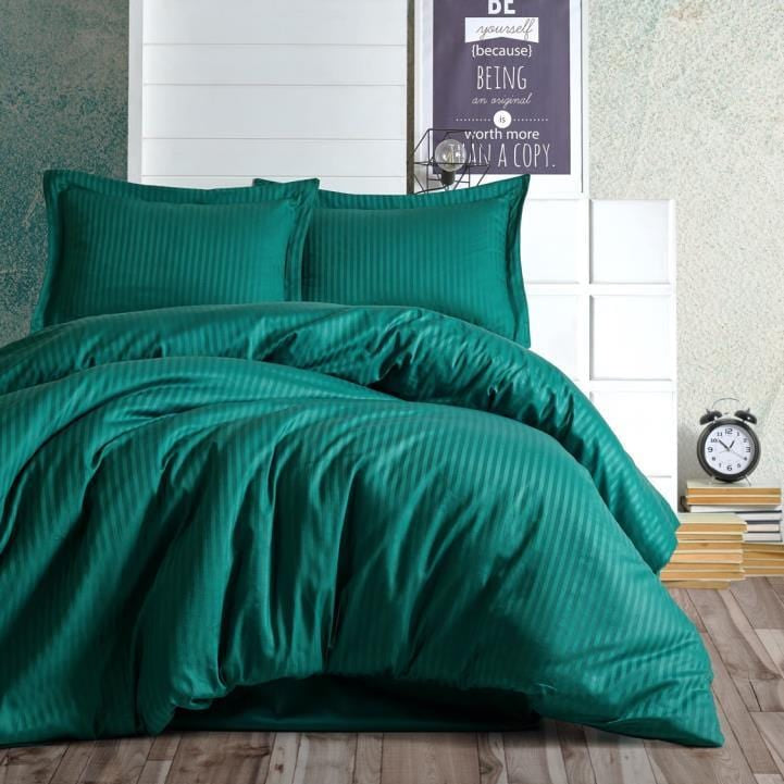Çift Kişilik Saten Nevresim Takımı Elegante Stripe Petrol 83 Tel %100 Pamuk Bonvagon