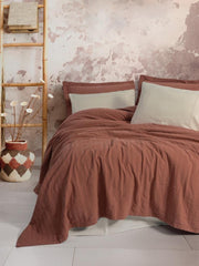 Çift Kişilik Yatak Örtülü Pike Takımı Natura Vilo Kiremit 4 Adet Yastık Kılıfı Bonvagon