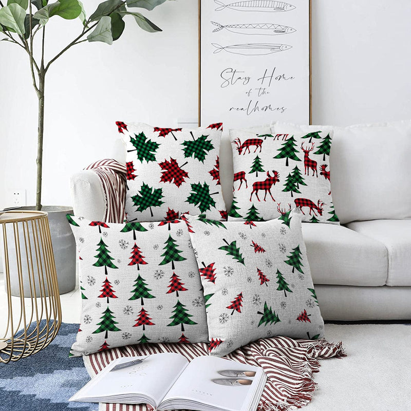 Çift Taraflı 4lü Ekose Desenli Çam Ağacı Motifli Yılbaşı Konsept Modern Şönil Yastık Kırlent Kılıfı