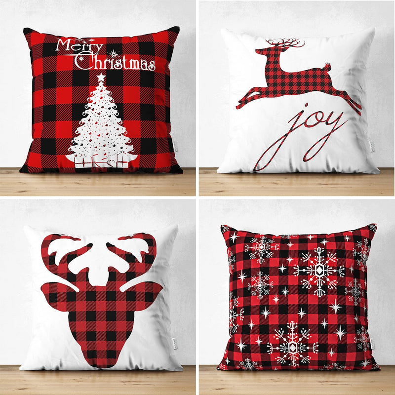 Çift Taraflı Ekose Zeminli Yılbaşı Desenli 4'lü Süet Yastık Kırlent Kılıf Seti Bonvagon