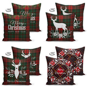 Çift Taraflı Ekose Zeminli Yılbaşı Desenli 4lü Süet Yastık Kırlent Kılıf Seti Bonvagon
