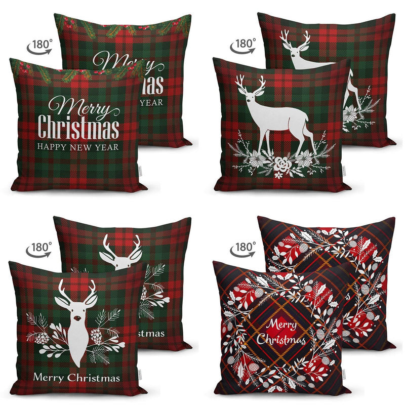 Çift Taraflı Ekose Zeminli Yılbaşı Desenli 4lü Süet Yastık Kırlent Kılıf Seti Bonvagon