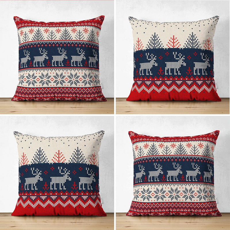 Çift Taraflı Geyik Desenli Yılbaşı Temalı 4lü Dekoratif Süet Yastık Kırlent Kılıf Seti Bonvagon