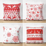 Çift Taraflı Kırmızı Beyaz Yılbaşı Geyik ve Kar Taneleri 4lü Süet Yastık Kılıf Seti Bonvagon