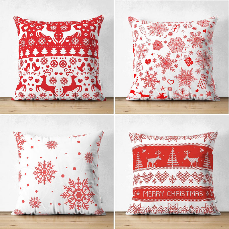 Çift Taraflı Kırmızı Beyaz Yılbaşı Geyik ve Kar Taneleri 4lü Süet Yastık Kılıf Seti Bonvagon