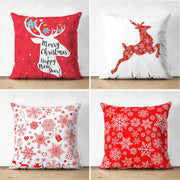 Çift Taraflı Kırmızı Beyaz Yılbaşı Geyik ve Kar Taneleri 4lü Süet Yastık Kılıf Seti Bonvagon