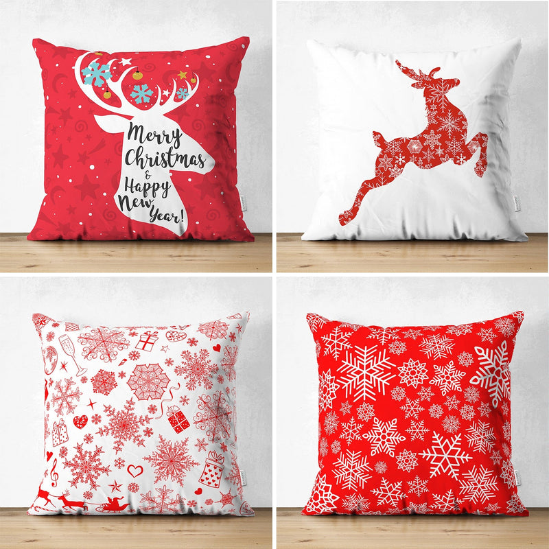 Çift Taraflı Kırmızı Beyaz Yılbaşı Geyik ve Kar Taneleri 4lü Süet Yastık Kılıf Seti Bonvagon