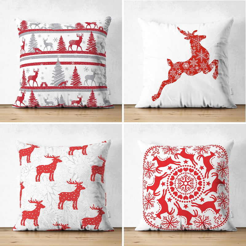 Çift Taraflı Kırmızı Beyaz Yılbaşı Geyikleri 4lü Süet Yastık Kırlent Kılıf Seti Bonvagon