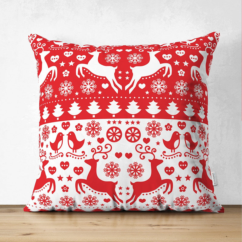 Çift Taraflı Kırmızı Beyaz Yılbaşı Geyikleri Dijital Baskılı Süet Yastık Kırlent Kılıfı Bonvagon