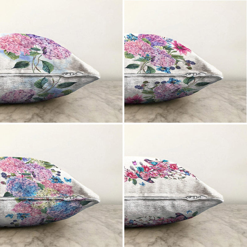 Çift Taraflı Ortanca Çiçeği Motifli Modern 4'lü Kombin Şönil Yastık Kırlent Kılıf Seti Bonvagon
