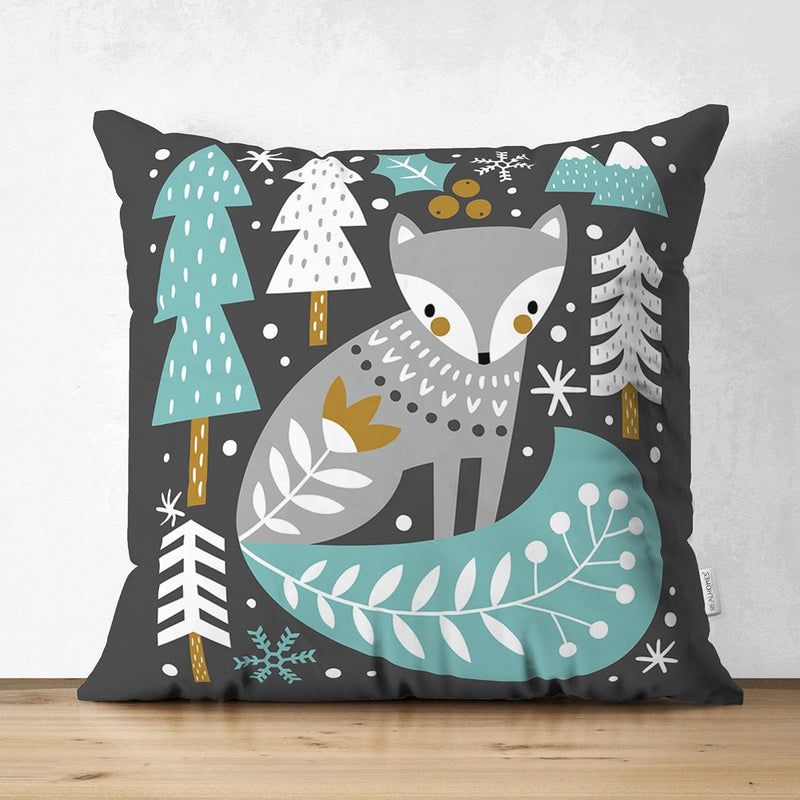 Çift Taraflı Renkli Zeminde Onedraw Çizimli Yılbaşı Temalı Dijital Baskılı Modern Süet Yastık Kılıfı Bonvagon