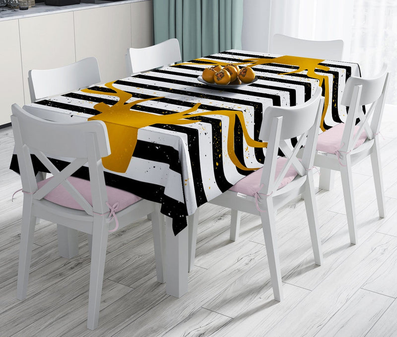 Çizgili Gold Geyik Desenli Modern Leke Tutmaz Masa Örtüsü Bonvagon