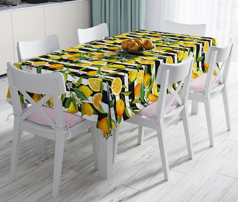 Çizgili Siyah Zeminli Limon Desenli Dekoratif Leke Tutmaz Masa Örtüsü Bonvagon