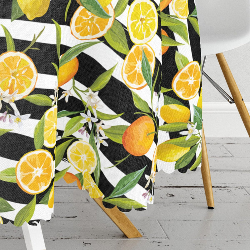 Çizgili Siyah Zeminli Limon Desenli Dekoratif Leke Tutmaz Masa Örtüsü Bonvagon