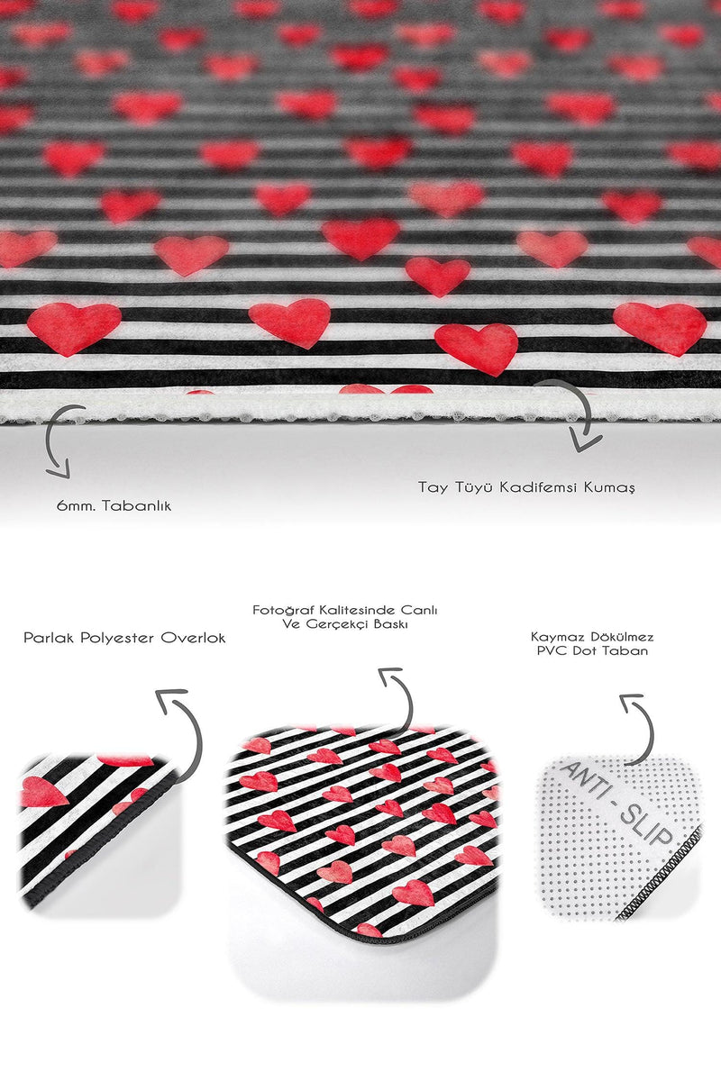 Çizgili Zemin Kırmızı Kalp Tasarımlı Dijital Baskılı 2li Banyo Halısı Takımı Kaymaz Taban Yıkanabilir Bonvagon