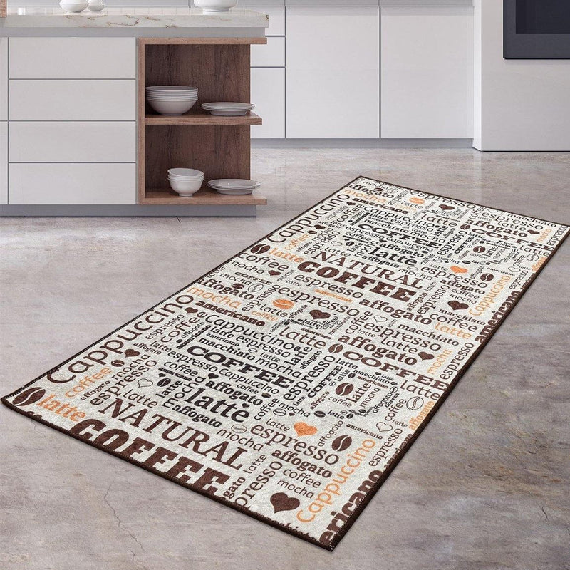 Coffee Fincan Ekru Dijital Baskılı Mutfak Halısı, Kaymaz Taban, Yıkanabilir Bonvagon