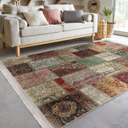 Çok Renki Patchwork Motifli Eskitme Desenli Etnik Motifler Vintage Salon Oturma Odası Koridor Antre Dijital Baskılı Makinede Yıkanabilir Saçaklı Halı Bonvagon