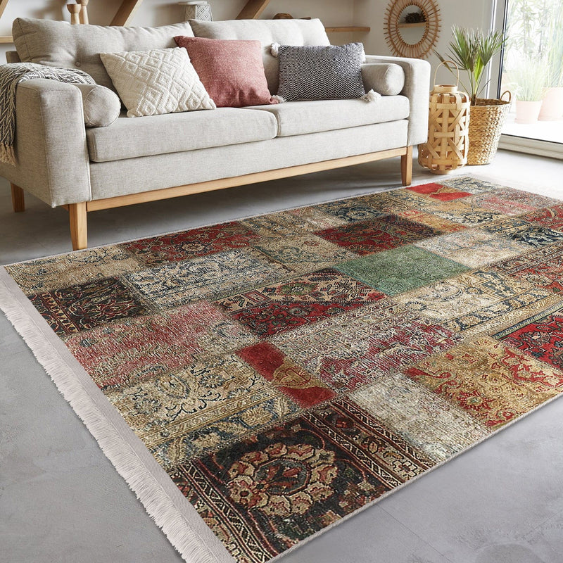 Çok Renki Patchwork Motifli Eskitme Desenli Etnik Motifler Vintage Salon Oturma Odası Koridor Antre Dijital Baskılı Makinede Yıkanabilir Saçaklı Halı Bonvagon